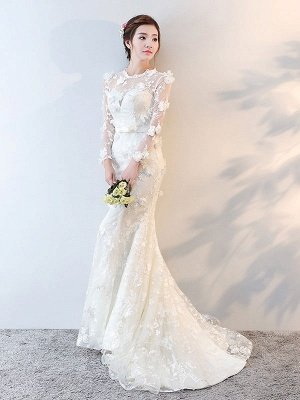Wedding Dresses Long Sleeve Mermaid Flowers Applique Bows Ivory Bridal Dress With Train_3