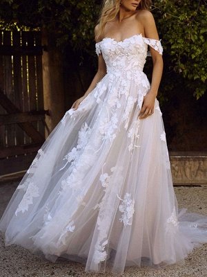 Wedding Dresses 2021 A Line Off The Shoulder Short Sleeve Lace Flora ...