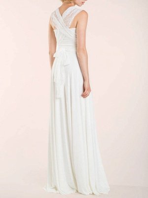 Einfache Brautkleider Mantel V-Ausschnitt Ärmellos Plissee Bodenlangen Mit Zug Spitze Brautkleider_7