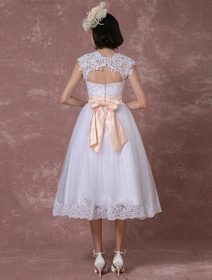 Vintage Wedding Dress Short Lace Tulle Bridal Gown Back Design Tea-Length A-Line Reception Bridal Dress With Rhinestone Detachable Bow Sash Exclusive_2