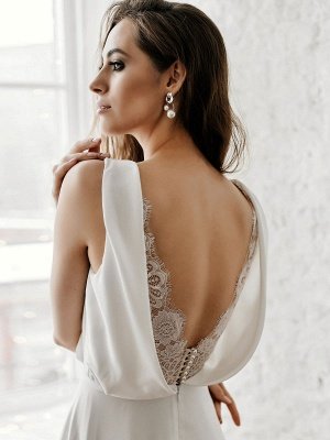Robe de mariée blanche simple avec train col en V sans manches dos nu dentelle A-ligne robes de mariée en mousseline de soie_7
