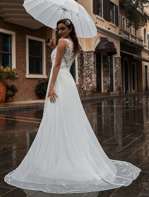 Robe de mariée blanche Illusion décolleté sans manches appliques en mousseline de soie longueur de plancher robes de mariée robe de train_5