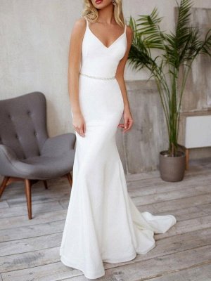 Sexy Wedding Dress Lycra Spandex V Neck Sleeveless Strap Sash Mermaid Bridal Dresses With Train_3