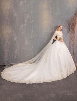 Princess Wedding Dress Ivory Lace Applique Off The Shoulder Short Sleeve Bridal Gown_12
