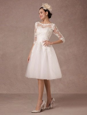 Short Wedding Dress Vintage Lace Applique Long Sleeves Tea Length A Line Tulle Bridal Gown With Flower Sash Exclusive_6