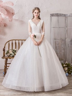 Robe de mariée princesse Silhouette étage longueur col en V sans manches taille naturelle perlée Lycra Spandex robes de mariée_1