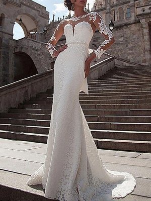 Wedding Dress Lace Illusion Neck Long Sleeves Mermaid Bridal Gowns With Court Train_1