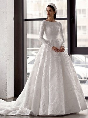 White Simple Wedding Dress With Train A-Line Jewel Neck Long Backless Sleeves Satin Fabric Bridal Gowns_1