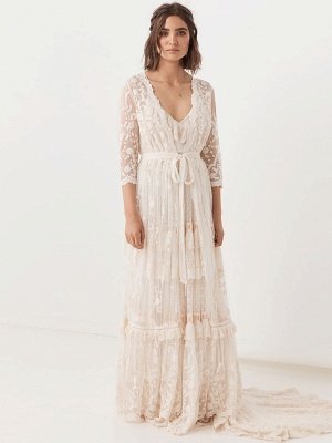 Boho Brautkleid Anzug 2021 V-Ausschnitt Bodenlangen Spitze Mehrschichtiges Brautkleid Kleid und Outfit_5