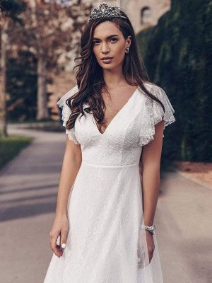 White Simple Wedding Dress Lace V-Neck Short Sleeves Backless Ruffles A-Line Natural Waist Long Bridal Gowns_2