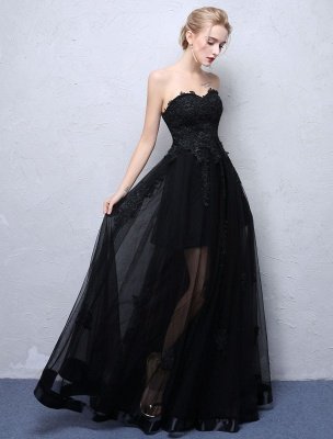 Black Prom Dresses Strapless Long Party Dress Lace Applique Sweetheart Illusion Formal Evening Dress_1