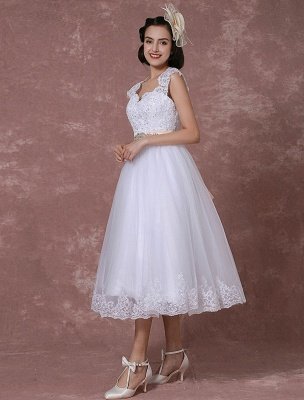 Vintage Wedding Dress Short Lace Tulle Bridal Gown Back Design Tea-Length A-Line Reception Bridal Dress With Rhinestone Detachable Bow Sash Exclusive_6