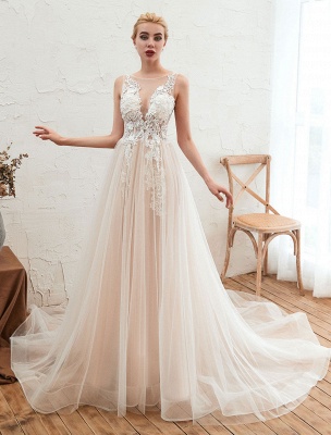 Wedding Dress 2021 V Neck Sleeveless A Line Tulle Bridal Gowns With Train_1