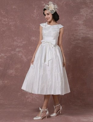 Robe de mariée vintage Satin courte robe de mariée dentelle perles thé longueur réception robe de mariée détachable nœud ceinture exclusif_7