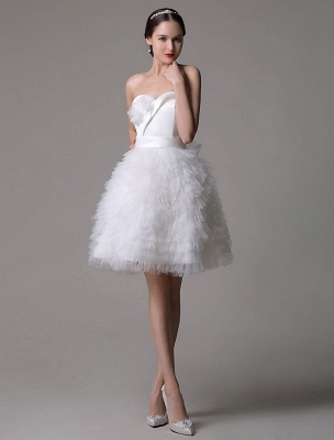 Strapless Sweatheart Satin Short Bridal Gown With Tulle Tired Skirt_1