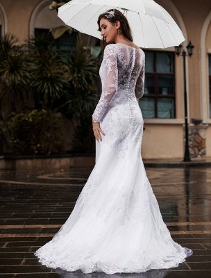 Lace Wedding Dress Ivory White Jewel Neck Long Sleeves With Train Tulle Bridal Gowns Maxi Wedding Dress_2