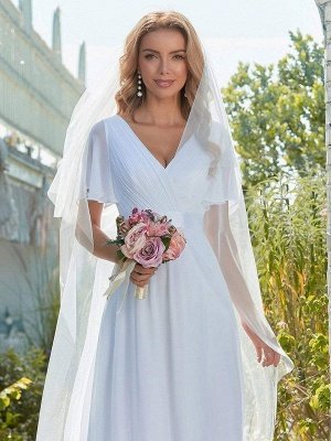 Robe de mariée simple en mousseline de soie col en V manches courtes dos nu A-ligne longues robes de mariée_3