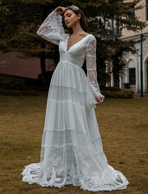 Bridal Gowns Boho Wedding Dress Long Sleeves Lace V-Neck Lace Chiffon Wedding Gowns Exclusive_1