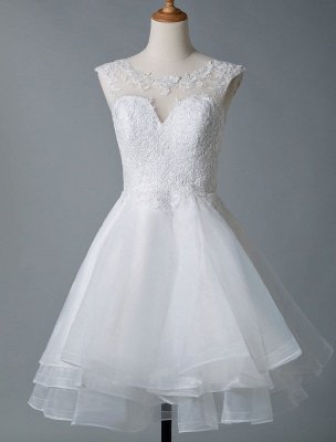 Robes de mariée 2021 Une ligne bijou cou sans manches taille naturelle Tulle robe de mariée courte_3