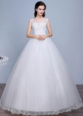 Ivory Wedding Dress Lace Sleeveless V Neck Rhinestones Beaded A-Line Floor Length Bridal Gown_1