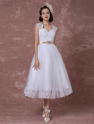 Vintage Wedding Dress Short Lace Tulle Bridal Gown Back Design Tea-Length A-Line Reception Bridal Dress With Rhinestone Detachable Bow Sash Exclusive_5