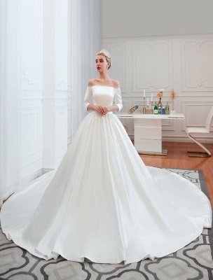 Vintage Wedding Dress 2021 Satin 3/4 Sleeve Off The Shoulder Floor Length Bridal Gowns With Chapel Train_2