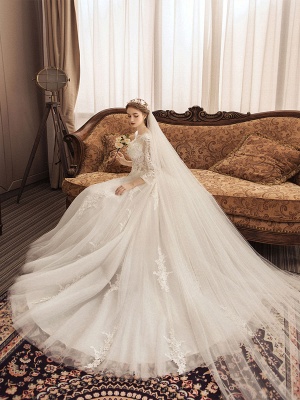 Ivory Wedding Dresses Lace Applique Jewel Neck 3/4 Length Sleeve Princess Bridal Gown With Train_4