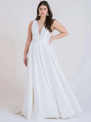 White Simple Wedding Dress A-Line With Train V-Neck Sleeveless Pockets Satin Fabric Bridal Gowns_2