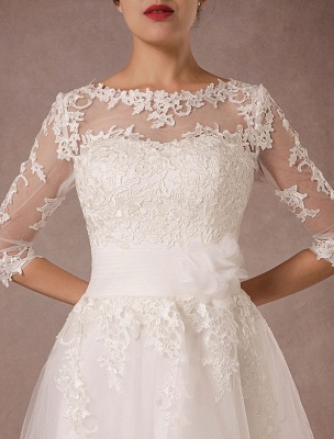 Kurzes Hochzeitskleid Vintage Spitze Applique Lange Ärmel Tee Länge A-Linie Tüll Brautkleid Mit Blumenschärpe Exklusiv_8