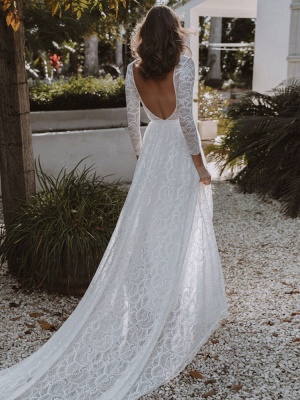 Ivory Lace Wedding Dress Chapel Train A-Line Long Sleeves Lace V-Neck Long Bridal Gowns_5