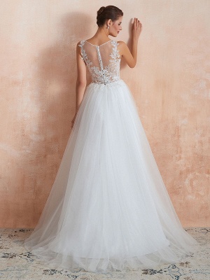 Robe de mariée 2021 Une ligne sans manches en dentelle longueur au sol Tulle robes de mariée avec train_5