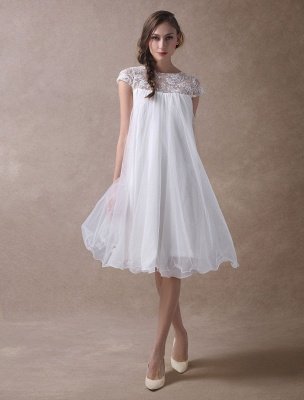 Robes de mariée simples taille empire courte dentelle tulle mancherons robe de mariée enceinte exclusive_6