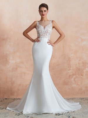 Wedding Dress 2021 Mermaid Sleeveless Lace Appliqued Beach Bridal Gowns With Train_2