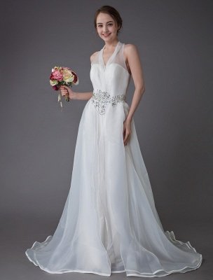 Ivory Wedding Jumpsuits Halter V Neck Rhinestones Backless Culottes Bridal Dress Exclusive_6