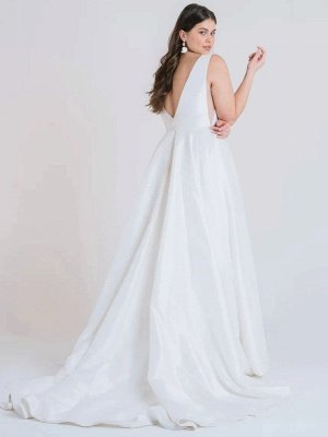 White Simple Wedding Dress A-Line With Train V-Neck Sleeveless Pockets Satin Fabric Bridal Gowns_3
