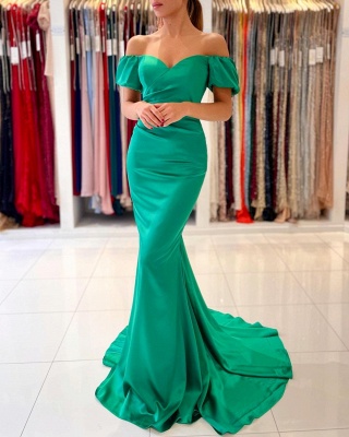 Off the Shoulder Satin Ruffle Slim Mermaid Evening Gown_3