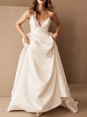 Simple Wedding Dress Satin V Neck Sleeveless Pockets A Line Bridal Gowns_1