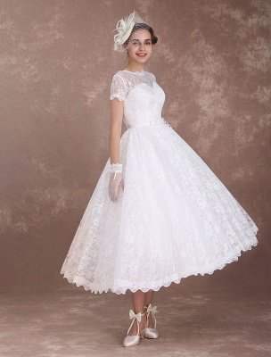 Lace Wedding Dresses Short Sleeve 1950'S Vintage Bridal Dress Sweetheart Illusion Ivory A Line Tea Length Wedding Reception Dress Exclusive_4