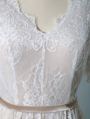 Simple Wedding Dress 2021 V Neck A Line Short Sleeve Deep V Backless Lace Bridal Gowns_7