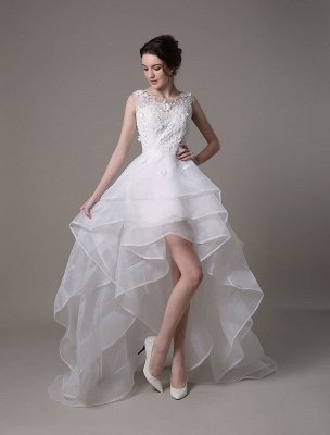 Robe de mariée asymétrique en organza haut bas A-ligne avec dentelle perlée fleur exclusive_2