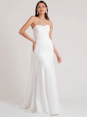 White Simple Wedding Dress Sheath Strapless Sleeveless Buttons Chapel Train Matte Satin Bridal Dresses_1