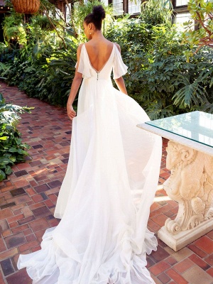 White Simple Wedding Dress Chiffon V-Neck Sleeveless A-Line Backless Natural Waist Long Bridal Dresses_3