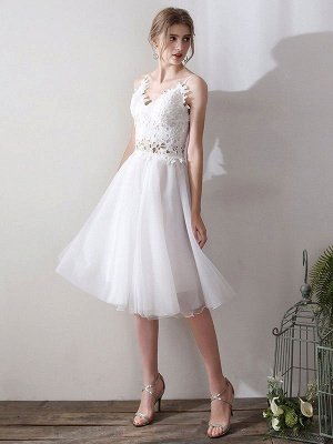 Short Wedding Dresses V Neck Sleeveless A Line Natural Tea Length Waist Organza Bridal Dresses_2