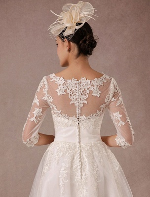 Short Wedding Dress Vintage Lace Applique Long Sleeves Tea Length A Line Tulle Bridal Gown With Flower Sash Exclusive_9
