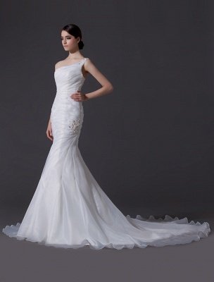 Ivory One-Shoulder Ruched Organza Mermaid Wedding Dress_2