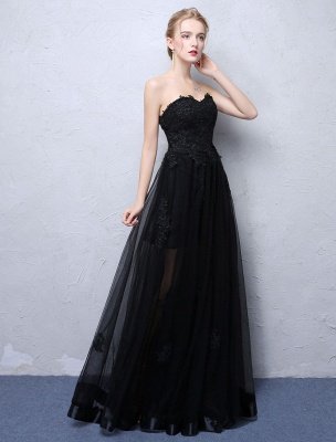 Black Prom Dresses Strapless Long Party Dress Lace Applique Sweetheart Illusion Formal Evening Dress_4