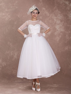 Vintage Wedding Dress 1950'S Short Bridal Dress Ivory Backless Polka Dot Half Sleeve Sweetheart Bow Sash Weddig Reception Dress Exclusive_2