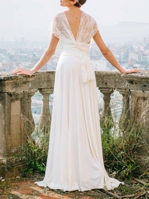 Simple Wedding Dress Sheath V Neck Sleeveless Pleated Floor Length With Train Lace Bridal Dresses_1