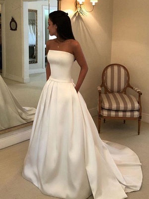 Robes de mariée vintage 2021 sans bretelles en satin une ligne longueur au sol robe de mariée classique avec train_3