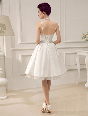 Vestido de novia corto de satén sin espalda con tirantes finos vintage con perlas en la cintura exclusivo_4